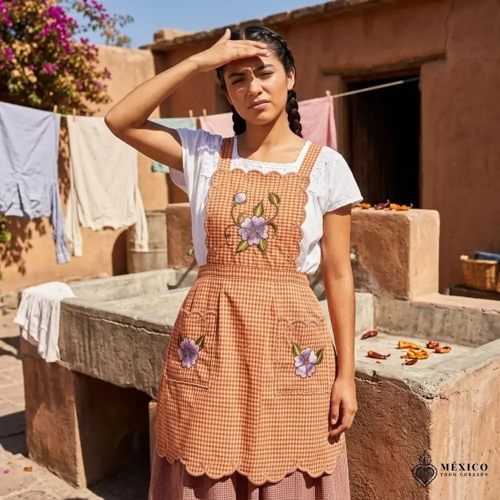 Mexican Embroidered Bib Apron for Women – Multicolor with Floral Design